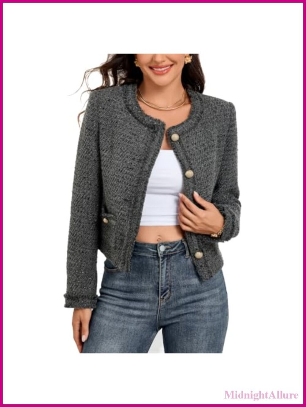 Cropped Tweed Blazer Wool Blend Business Casual Fringe Trim